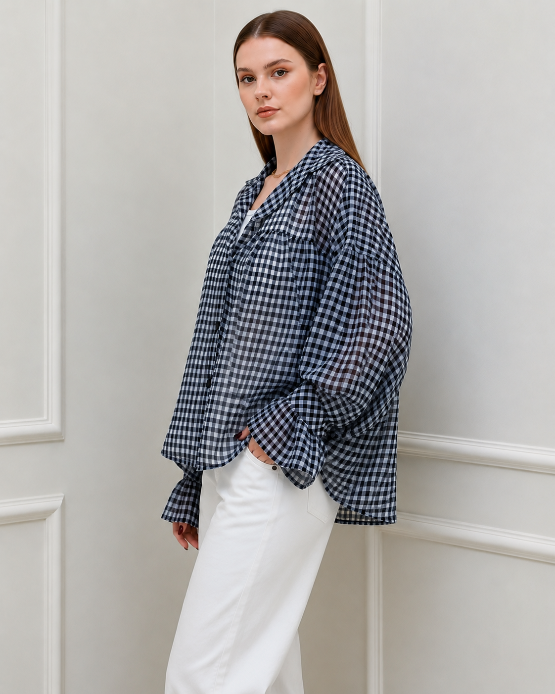 Midnight Gingham Sheer Oversized Shirt