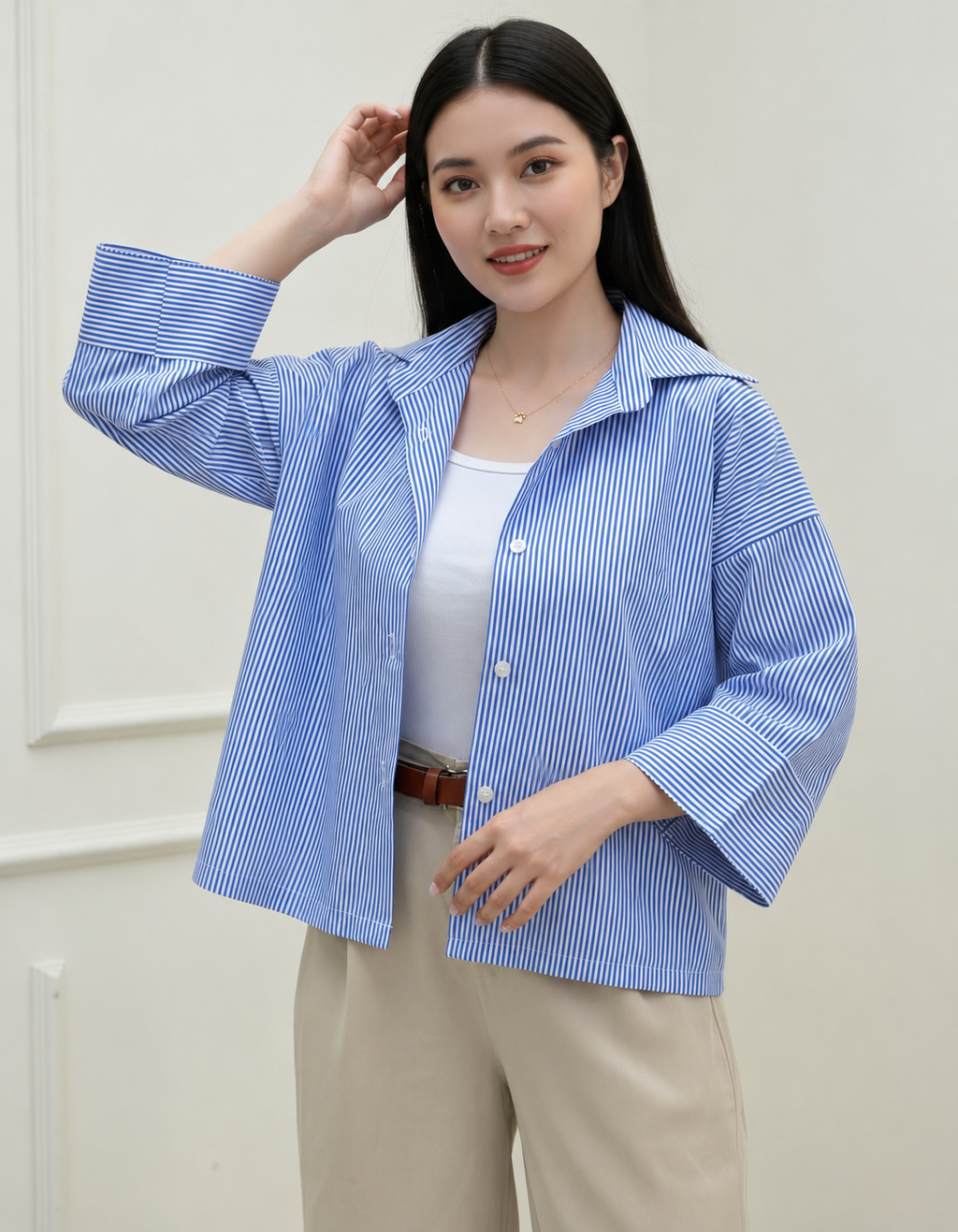 Azure Breeze Oversized Striped Cotton Shirt