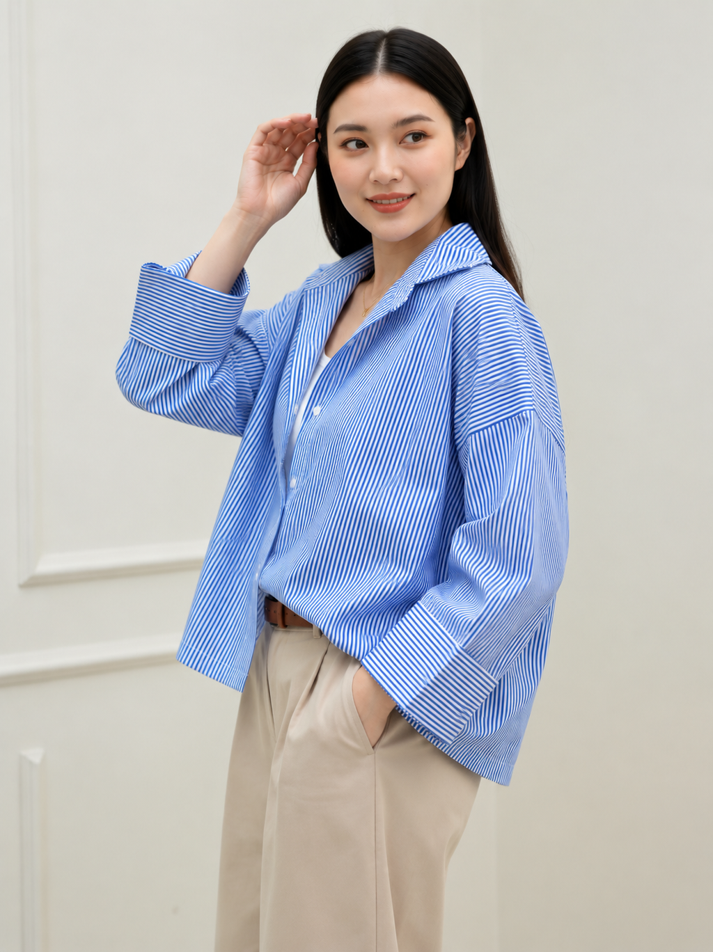 Azure Breeze Oversized Striped Cotton Shirt