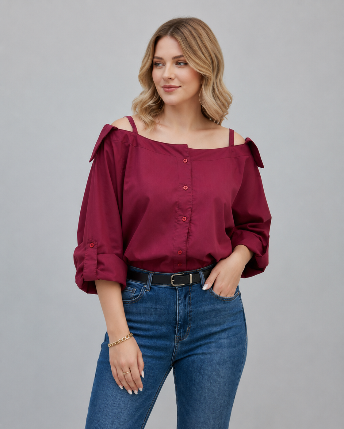 Women's Burgundy Off-Shoulder Puff Sleeve Shirt