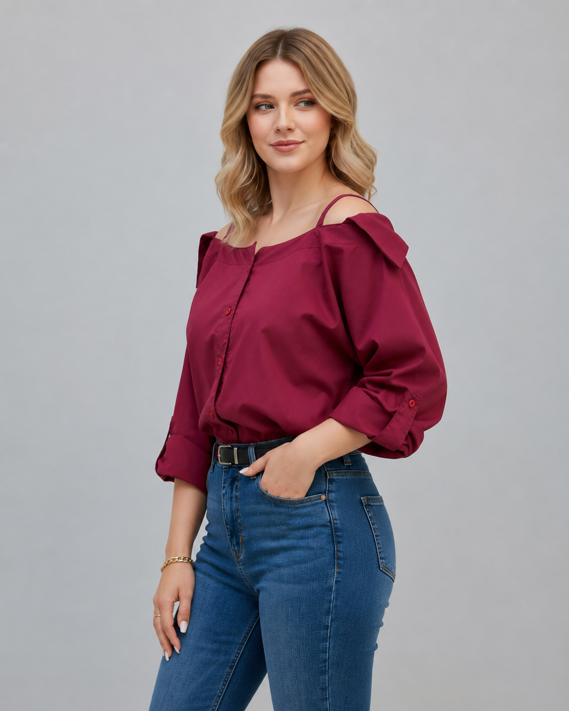 Women's Burgundy Off-Shoulder Puff Sleeve Shirt