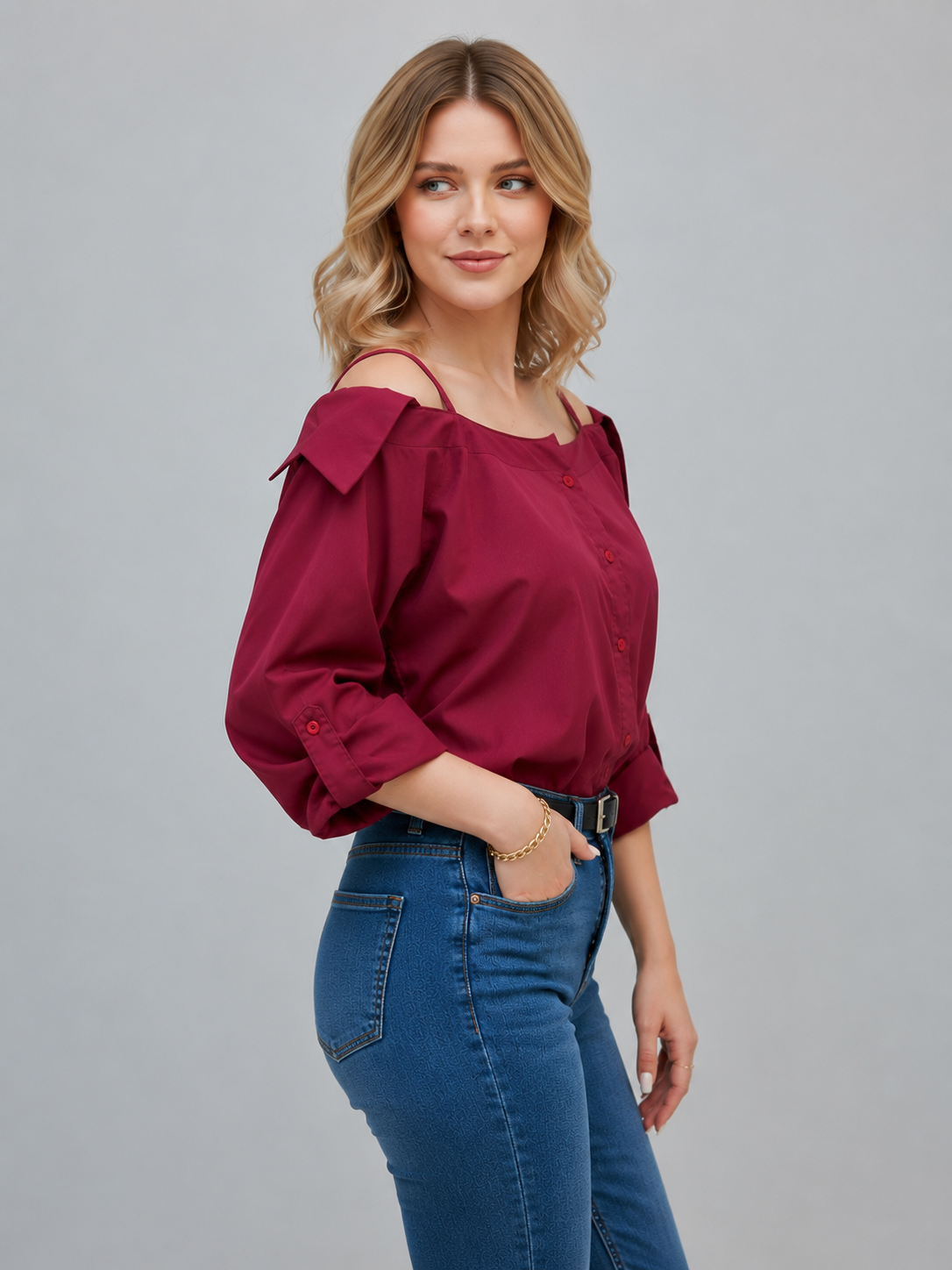 Women's Burgundy Off-Shoulder Puff Sleeve Shirt