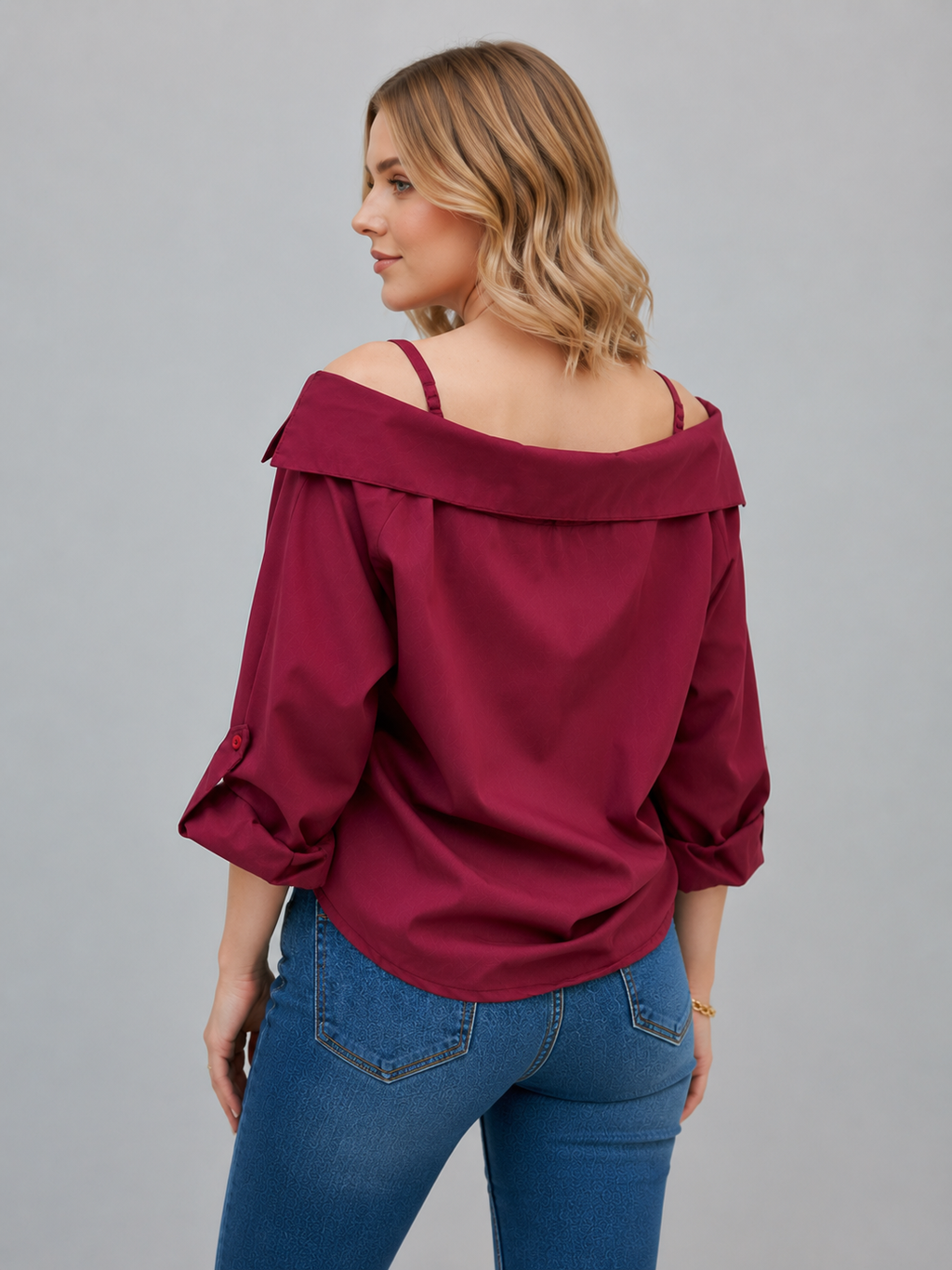 Women's Burgundy Off-Shoulder Puff Sleeve Shirt