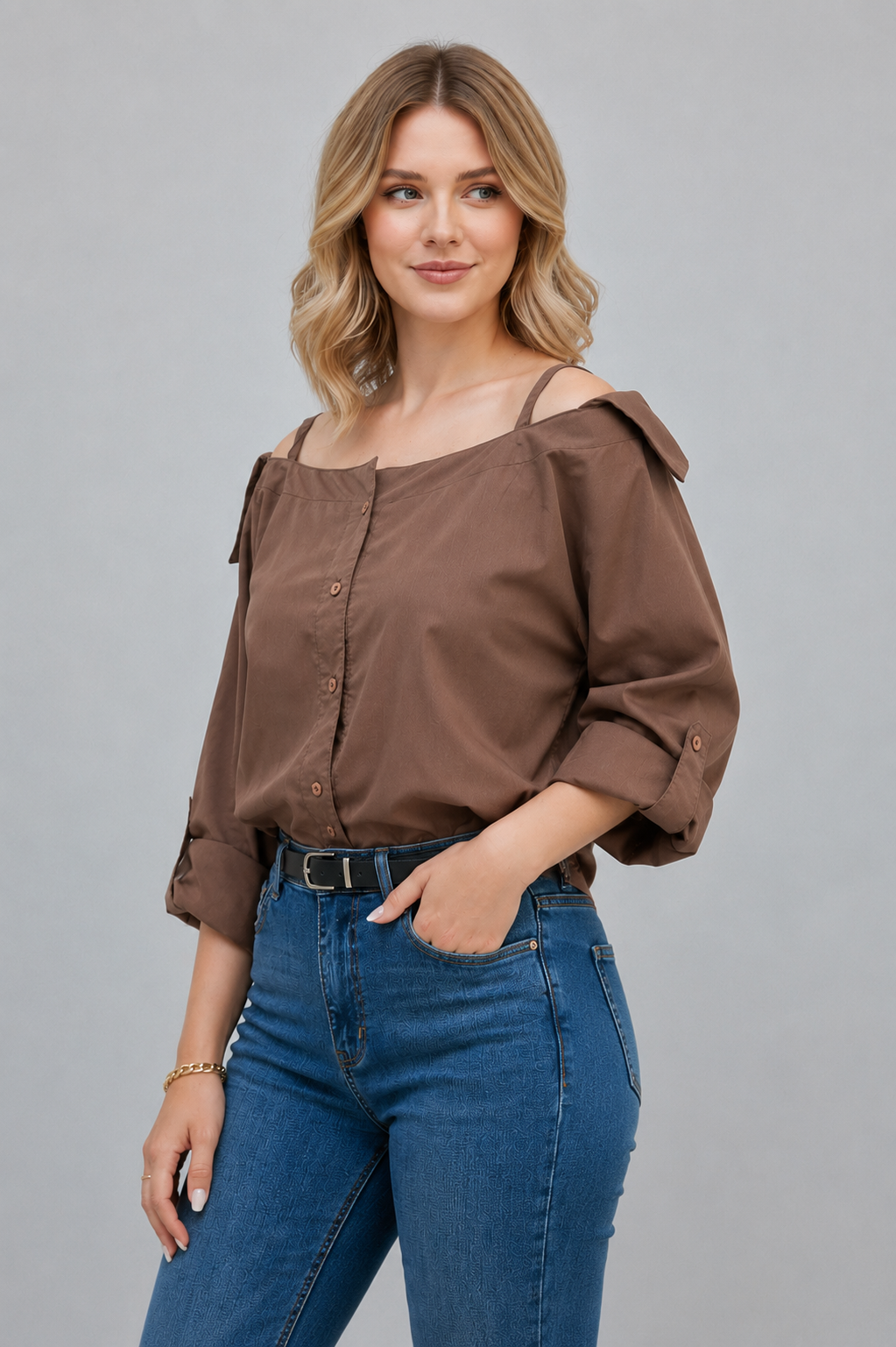 Women's Brown Off-Shoulder Puff Sleeve Shirt