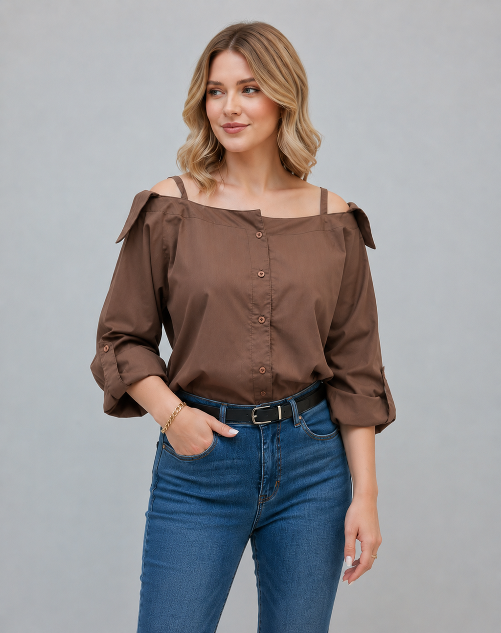 Women's Brown Off-Shoulder Puff Sleeve Shirt