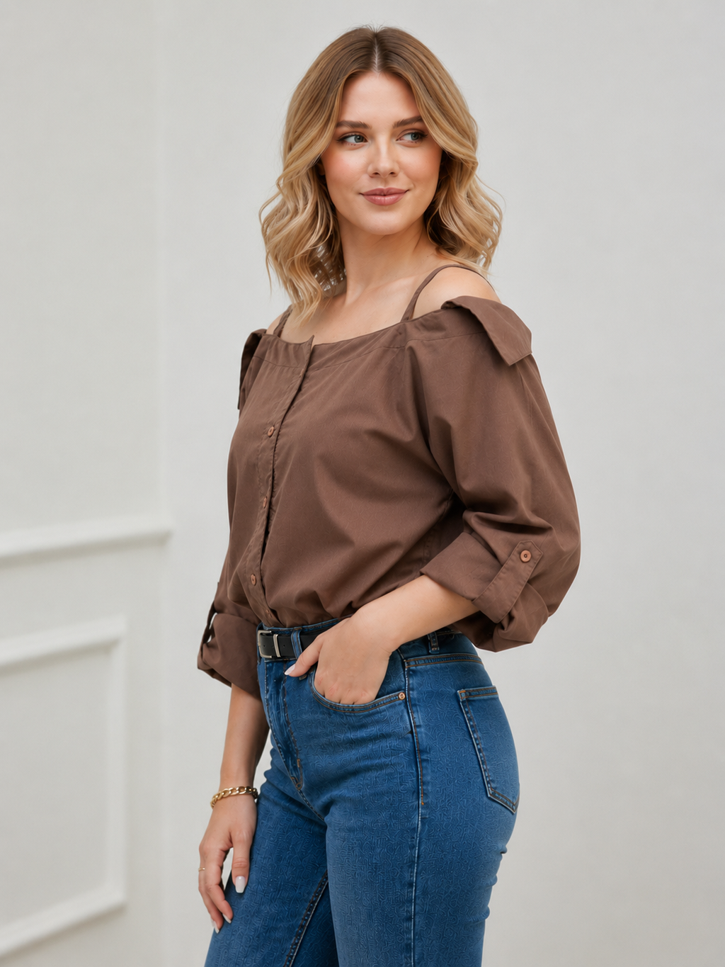 Women's Brown Off-Shoulder Puff Sleeve Shirt