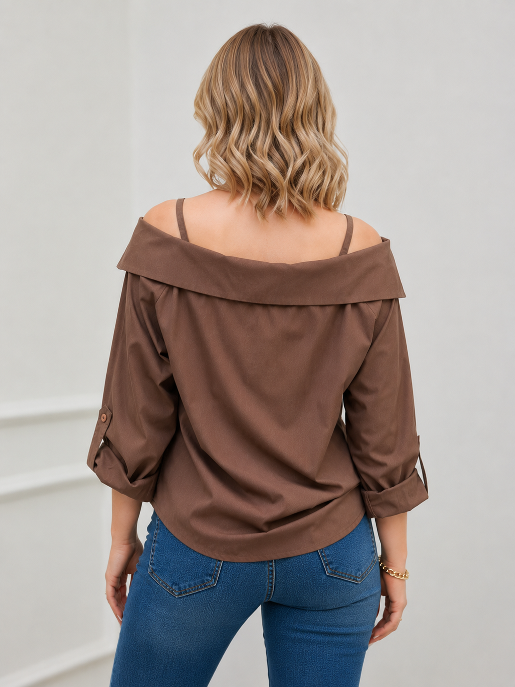 Women's Brown Off-Shoulder Puff Sleeve Shirt