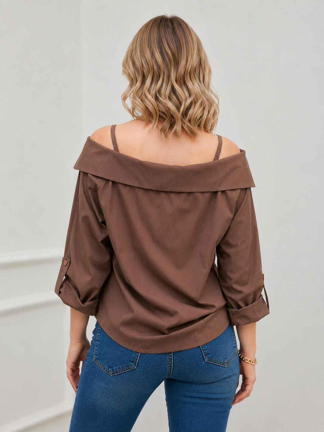 Women's Brown Off-Shoulder Puff Sleeve Shirt