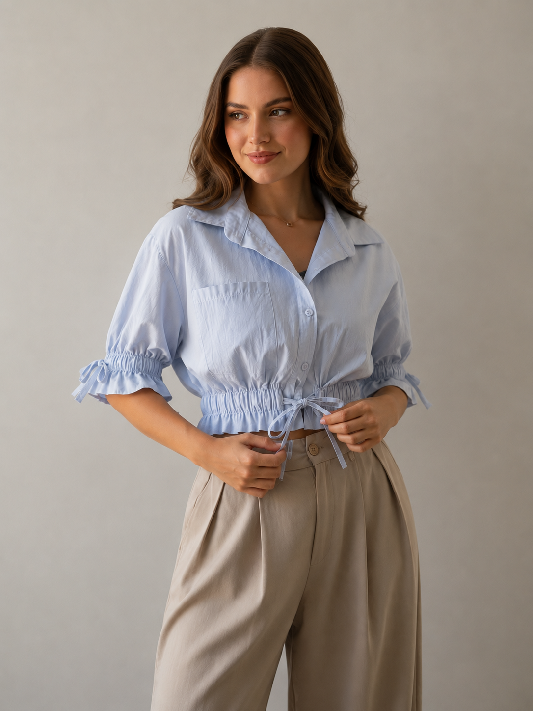 Sky Blue Gathered Waist Crop Shirt