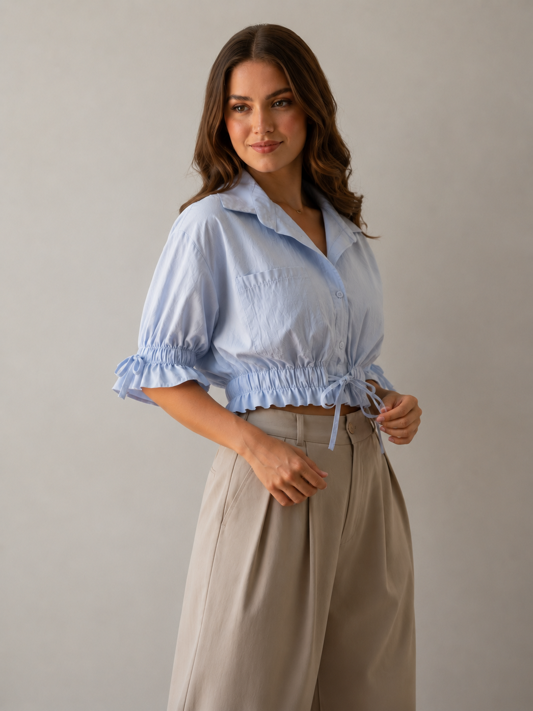 Sky Blue Gathered Waist Crop Shirt