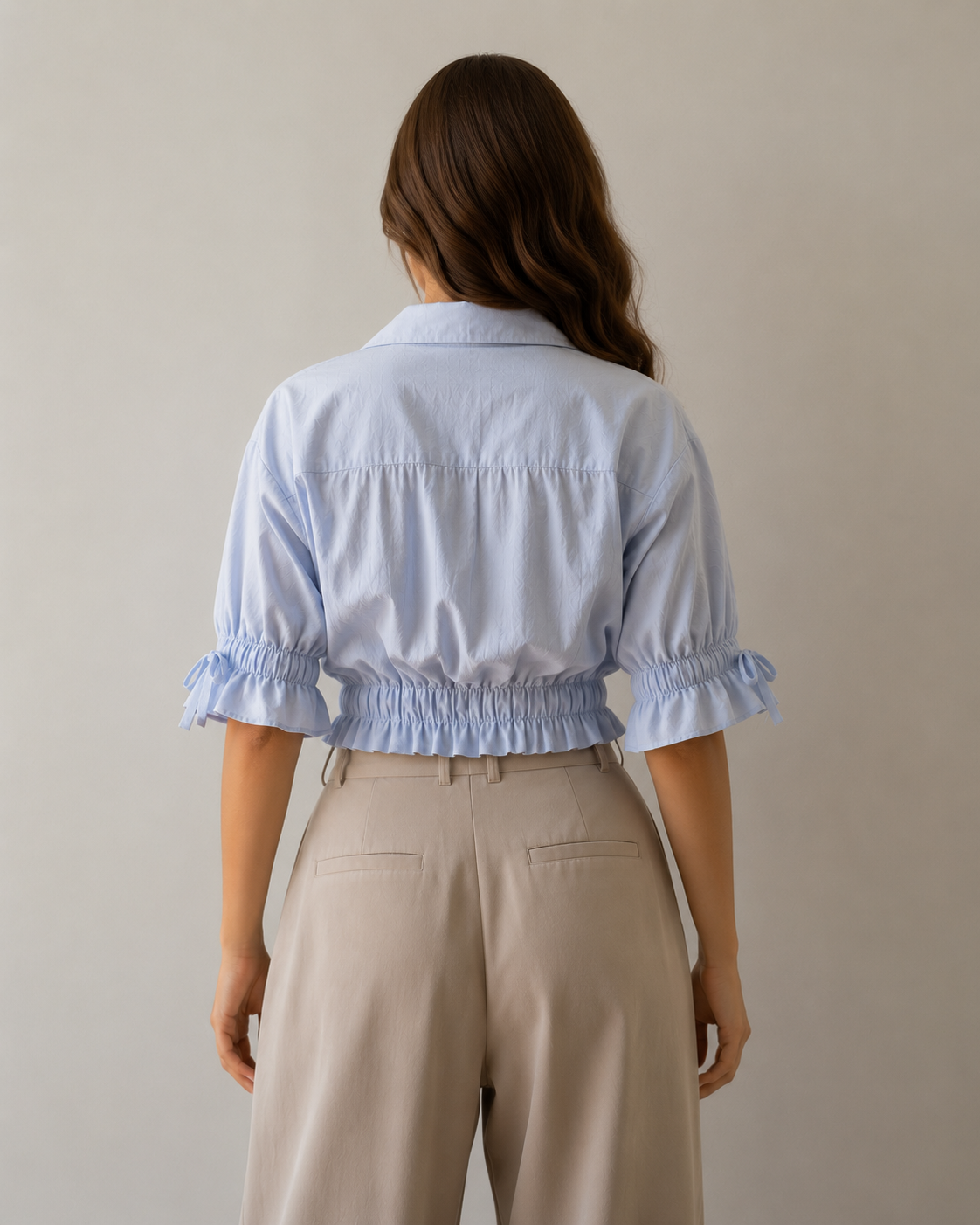 Sky Blue Gathered Waist Crop Shirt