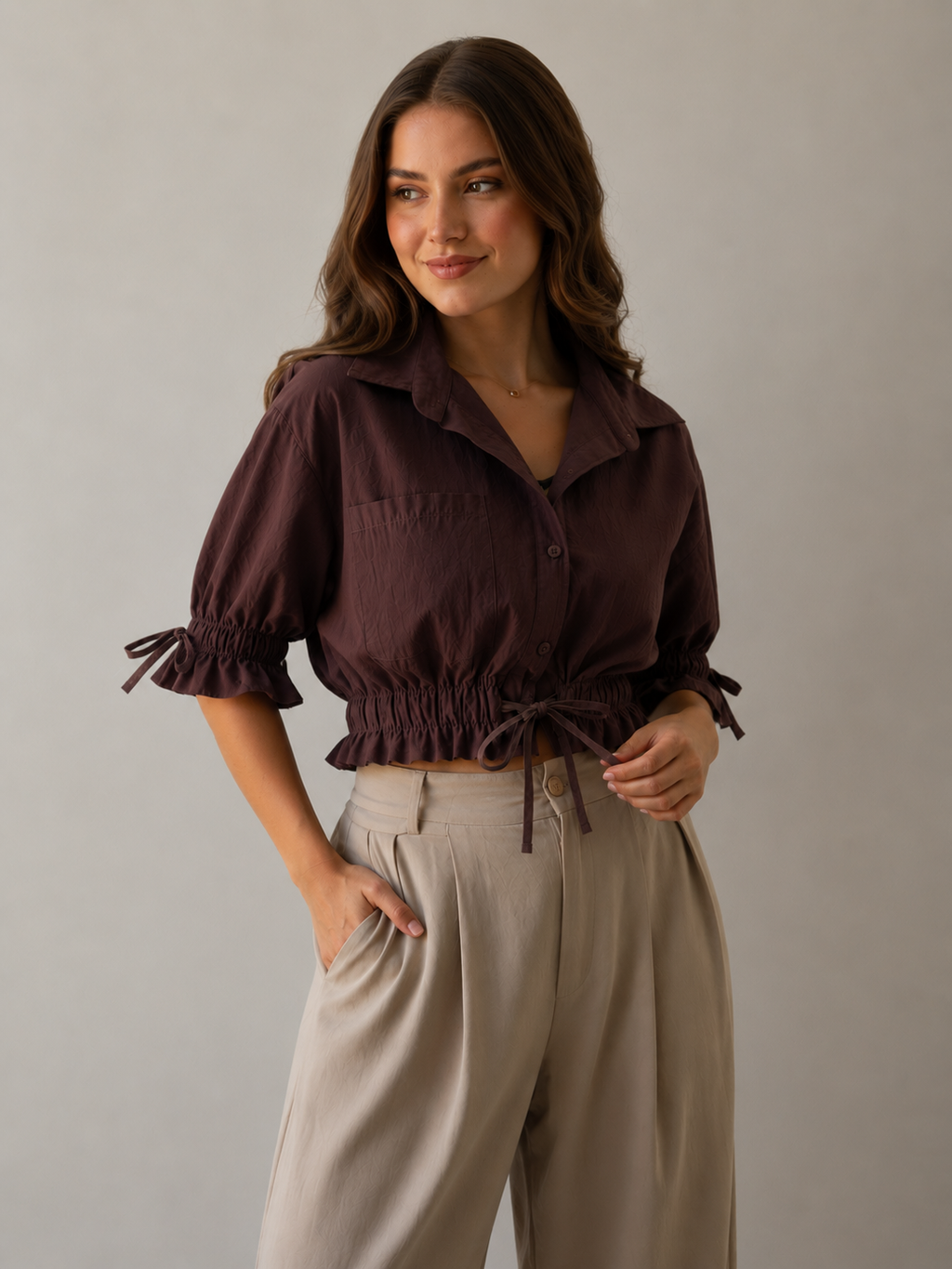 Cocoa Gathered Waist Crop Shirt