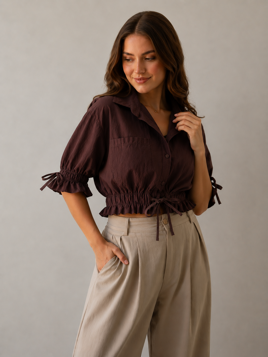 Cocoa Gathered Waist Crop Shirt
