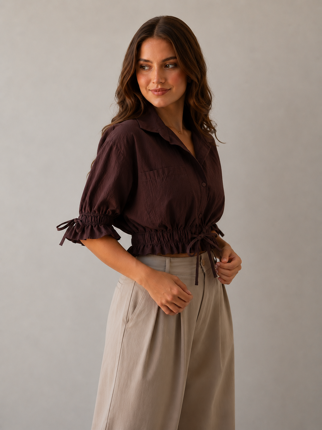 Cocoa Gathered Waist Crop Shirt
