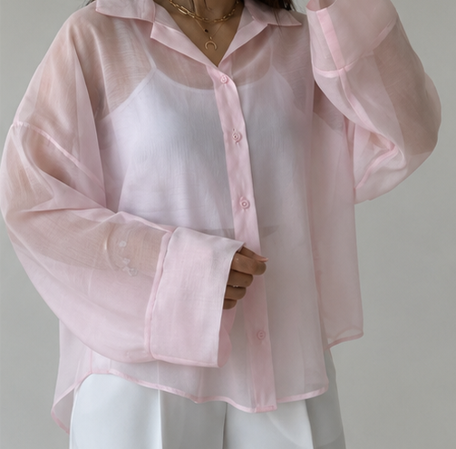 Elegant Oversized Organza Shirt – Soft Pink