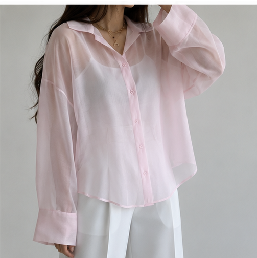 Elegant Oversized Organza Shirt – Soft Pink
