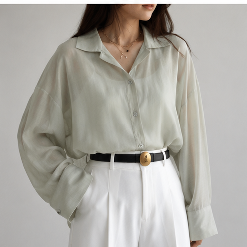 Women's Sage Green Sheer Organza Oversized Shirt