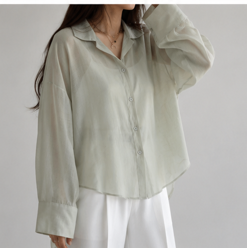 Women's Sage Green Sheer Organza Oversized Shirt